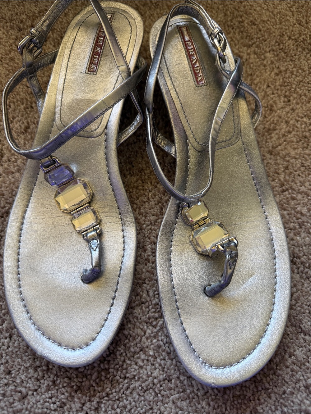 Prada Metallic Silver Gem-Embellished T-Strap Sandals